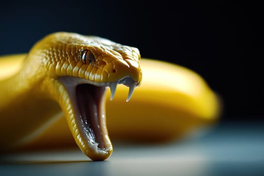 Yellow snake striking near banana, dark background, studio shot, wildlife photography photo