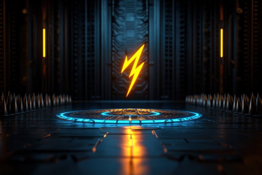 Futuristic energy symbol on platform, dark tech background, power concept photo