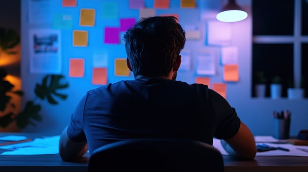 Man reviewing notes, night office, brainstorming ideas, project planning photo