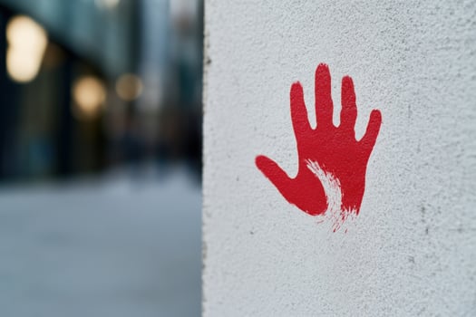 Red handprint, urban wall, city background, protest art photo