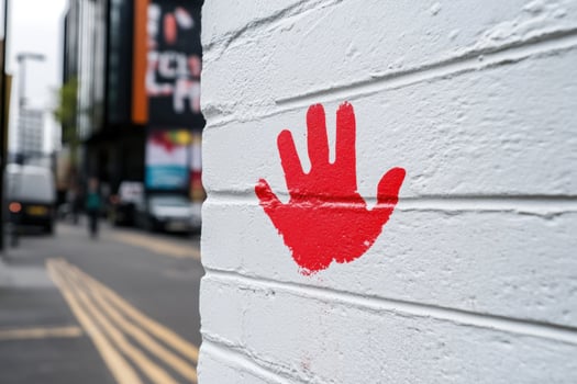 Red handprint on urban wall, city street background, protest art photo