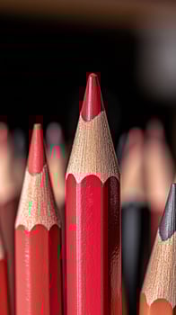 Red pencil forefront, others blurred, closeup, art supplies photo