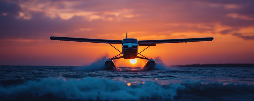Seaplane sunset landing, ocean waves, vibrant sky, travel photo