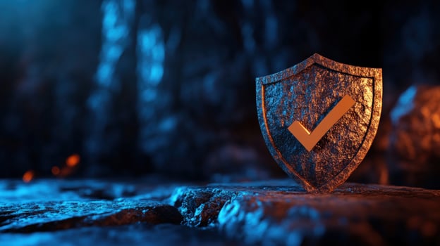 Secure Checkmark Shield, Dark Cave, Safety Concept photo