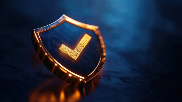 Golden shield checkmark, dark background, security concept, website banner photo