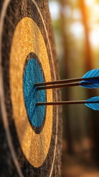 Arrows hitting bullseye target, forest background, success concept photo