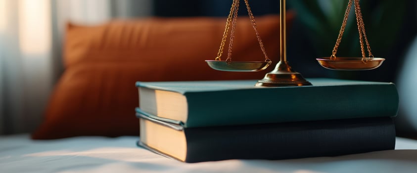 Justice scales on books, bedroom background photo