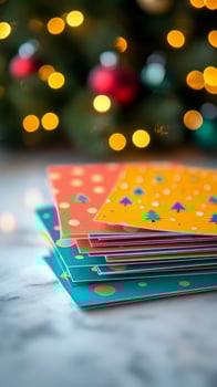 Colorful Greeting Cards Stacked on a Marble Surface With Festive Holiday Lights in the Background photo