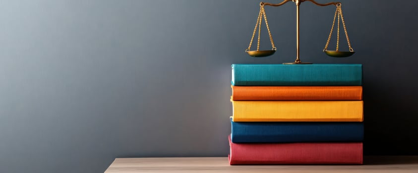 Justice scales atop colorful law books on desk photo