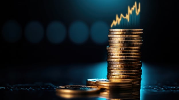 Rising Gold Coins, Growth Chart, Dark Background, Finance photo