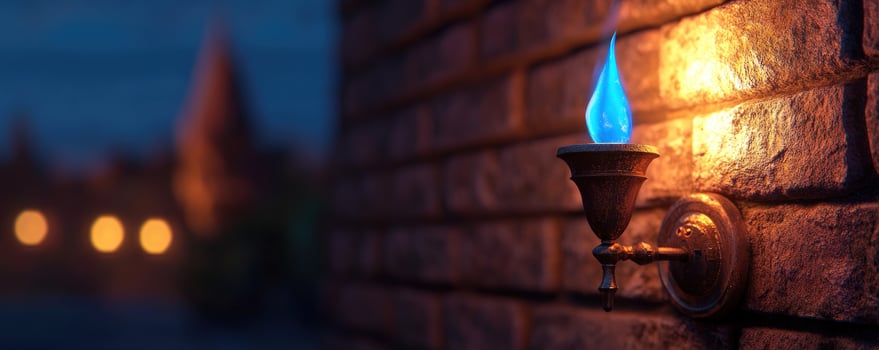 Blue flame wall sconce, brick wall, night city photo