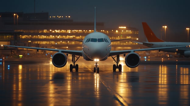 Rainy Night Airport Taxiing Jet photo