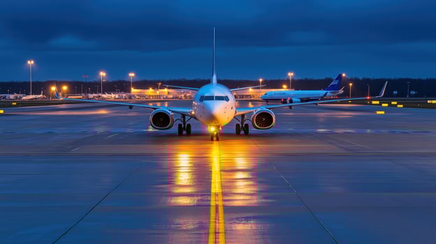 Night airport taxiing plane, runway lights photo