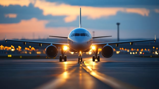 Airplane taxiing runway sunset airport travel photo