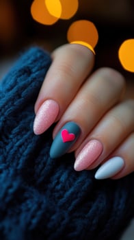 Woman's hand, stylish manicure, heart design, cozy sweater, bokeh background photo