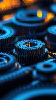 Closeup Gears Mechanism, BlueOrange Light, Industrial Background, Engineering photo
