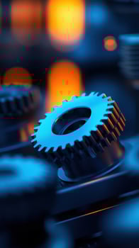 Blue gears meshing, factory backdrop, industrial mechanism, technology concept photo