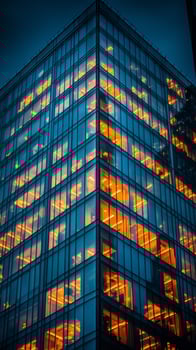 Modern Glass Building Illuminated at Night in an Urban Area With Autumn Foliage in the Foreground. photo