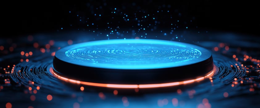 Glowing disc, digital particles, dark backdrop, futuristic tech photo