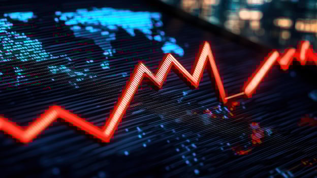 Global market downturn red graph decline digital screen city backdrop financial news photo