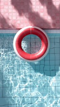 Bright Pool Area With a Lifebuoy Hanging on Pink Tiles Reflecting Sunlight. photo