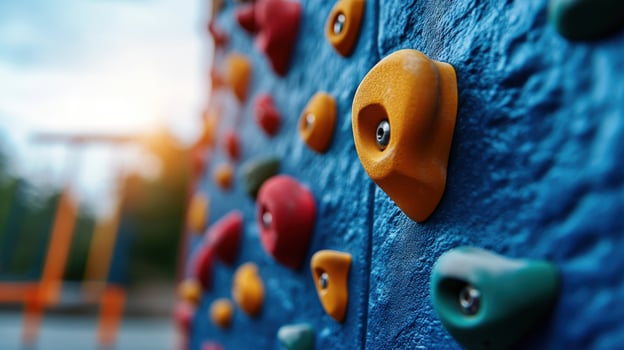 Colorful climbing wall outdoors, playground background, kids activity photo
