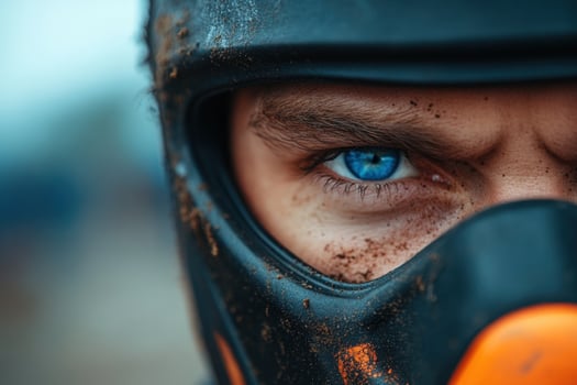 Determined racer's eyes, dirt track background, intense focus, motorsport action photo