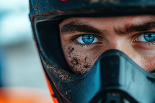 Muddy Motocross Rider's Intense Gaze, Track Background photo