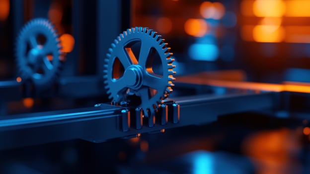 Gears meshing, factory backdrop, industrial process, technological advancement photo