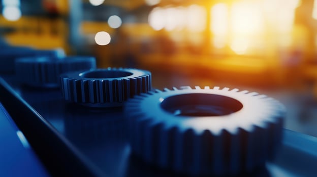 Factory conveyor gears, industrial automation, machinery background, production line photo