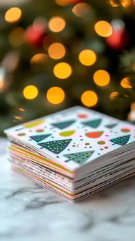 Colorful Greeting Cards Stacked on a Marble Surface With Festive Holiday Lights in the Background. photo