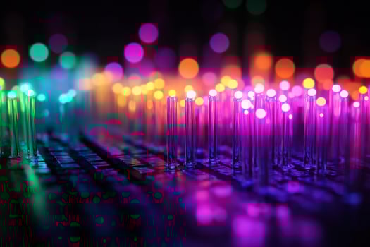 Colorful glowing tubes on dark surface, bokeh background, digital art, tech concept photo