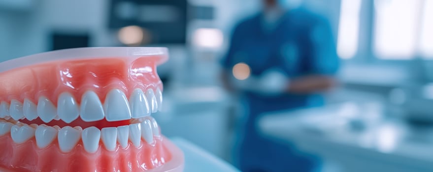 Dental model in clinic, dentist blurred background photo