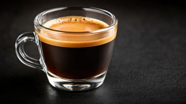 Espresso shot, glass cup, dark background, cafe, beverage photo