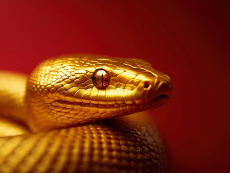 Golden snake portrait, red background, closeup, symbolic wealth photo