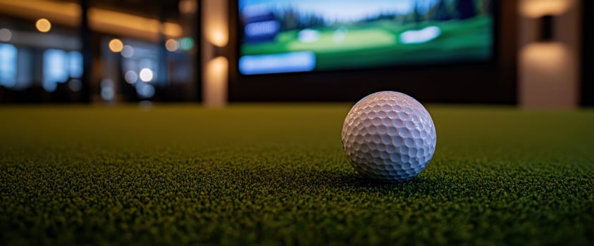 Golf ball on indoor putting green, office background, screen showing course photo