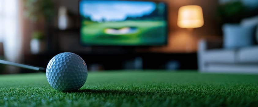 Home golf putting green, TV golf broadcast background photo