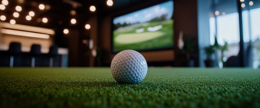 Golf ball on indoor putting green, modern lounge background, screen showing golf course, leisure activity photo