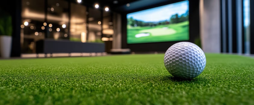 Golf ball on indoor putting green, modern lounge background, simulator screen photo