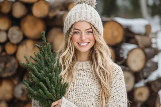 Smiling Woman in Winter Sweater Holds Small Evergreen Branch by Timber Pile in Snowy Forest photo