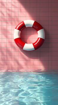 Bright Pool Area With a Lifebuoy Hanging on Pink Tiles Reflecting Sunlight photo