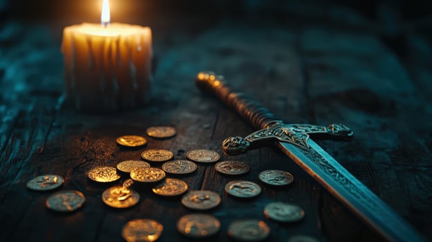 Medieval sword, coins, candle, dark wood table, fantasy photo