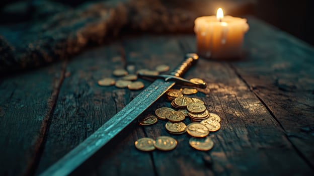Medieval sword, gold coins, candlelit wooden table, fantasy backdrop, game design photo