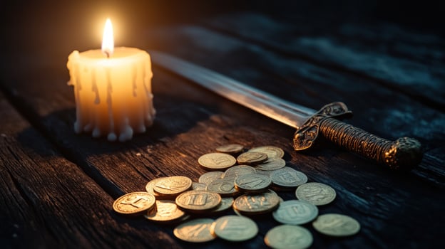 Candlelit sword, coins, wooden table, dark background fantasy, game design photo