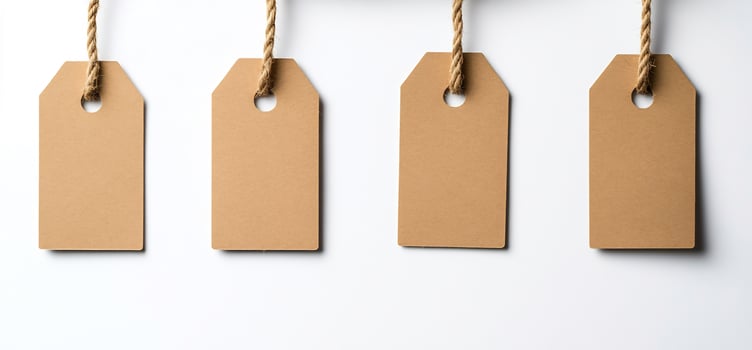 Neutral tags hanging from twine isolated on white background product labels photo
