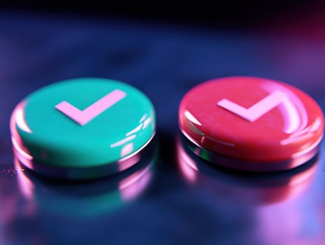 Teal and red checkmark buttons on dark surface decision, choice, selection photo