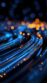 Abstract swirling blue light streaks, orange bokeh background photo