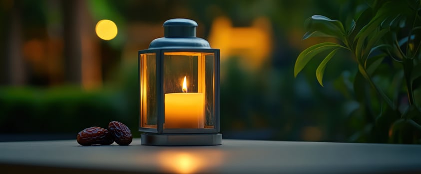 Lit lantern, dates, garden dusk photo