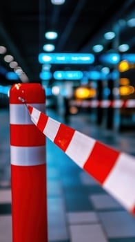 Redwhite barrier tape across post, airport interior photo