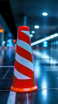 Redwhite striped cone in airport tunnel, night photo